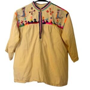 Vintage 1960's Bird Flower Hand Embroidered Top in Butter L